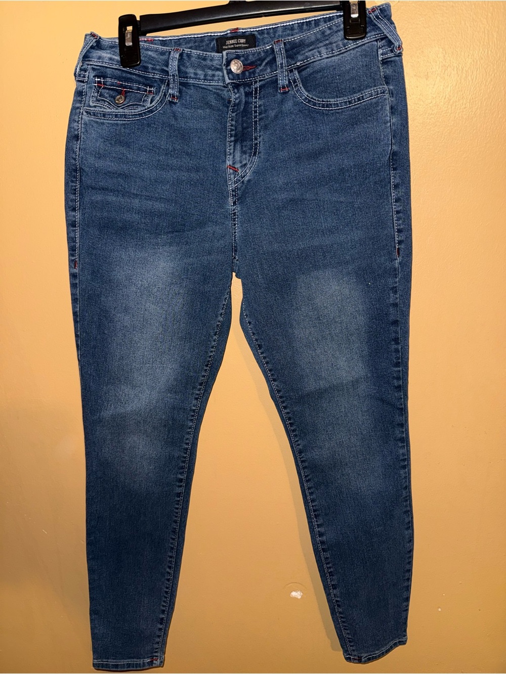 True Religion Jennie Curvy Mid Rise Super Skinny Jeans in blue, size 30